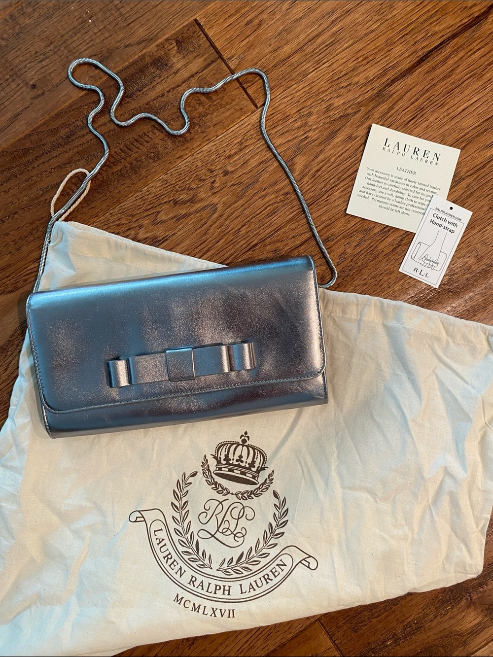 Lauren Ralph Lauren Metallic Silver Leather Bow Clutch with Chain Strap